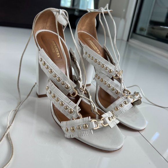 Aquazurra White Tulum Studded Fringe Lace -up Suede Sandals Size 38.5 NWOT - Picture 4 of 8